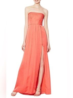 BCBGMAXAZRIA Coral Satin Corset Maxi Dress Slit Gown Bridesmaid Prom Size 4